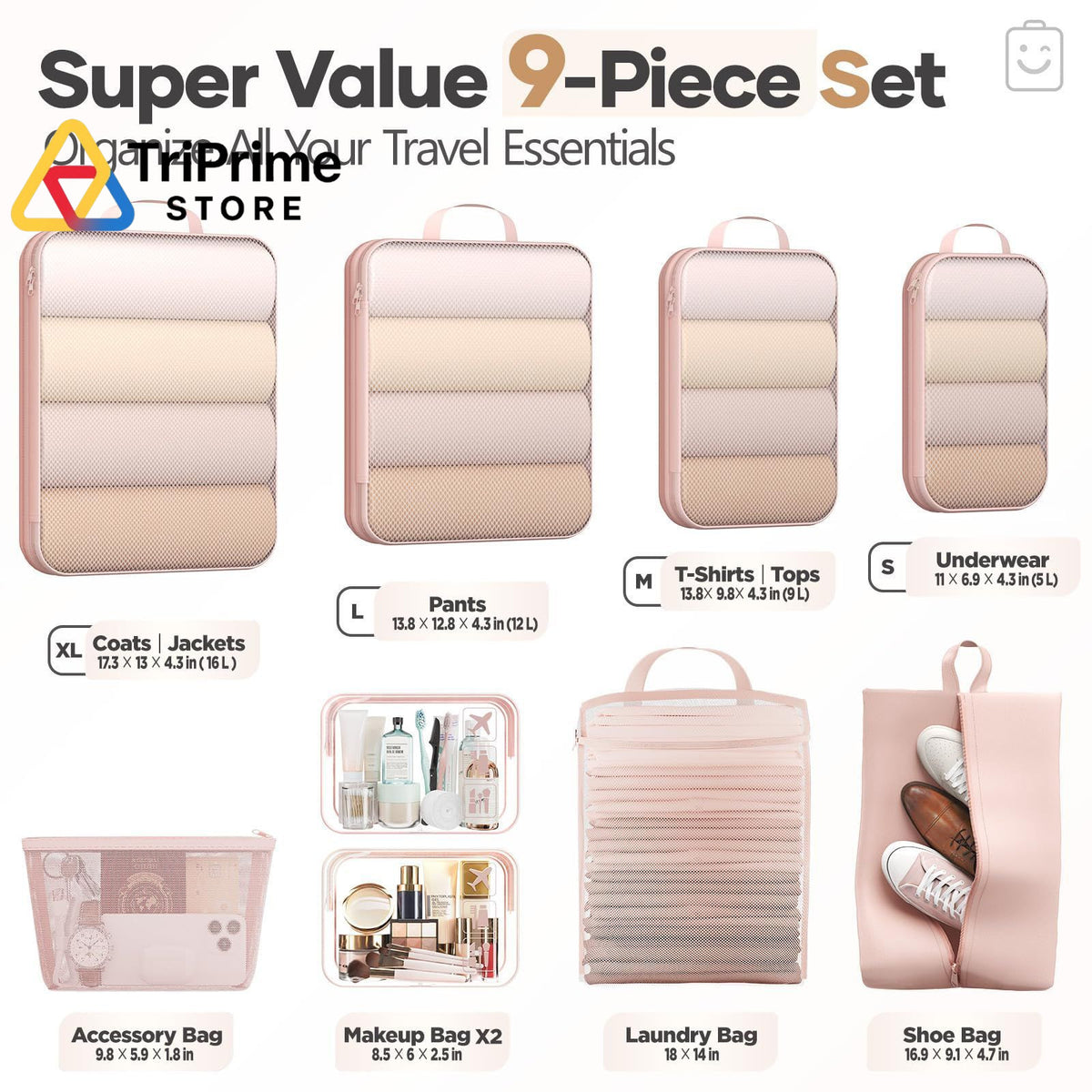 Travel Compression Packing Cubes Set - 9 Pieces Luggage Organizers Beige