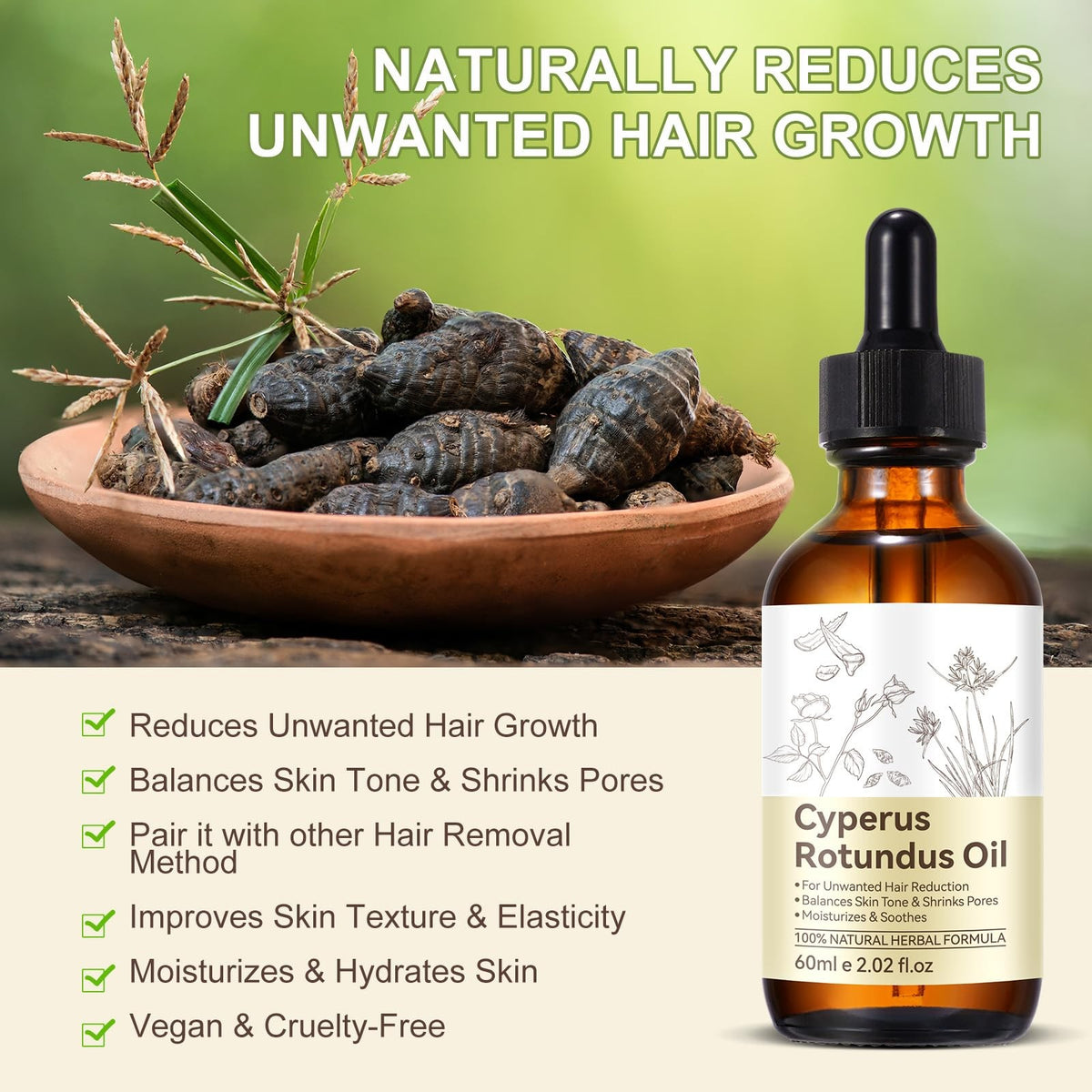 Cyperus Rotundus Oil for Skin & Hair Removal 2 Fl Oz - Natural Moisturizer & Pore Refiner