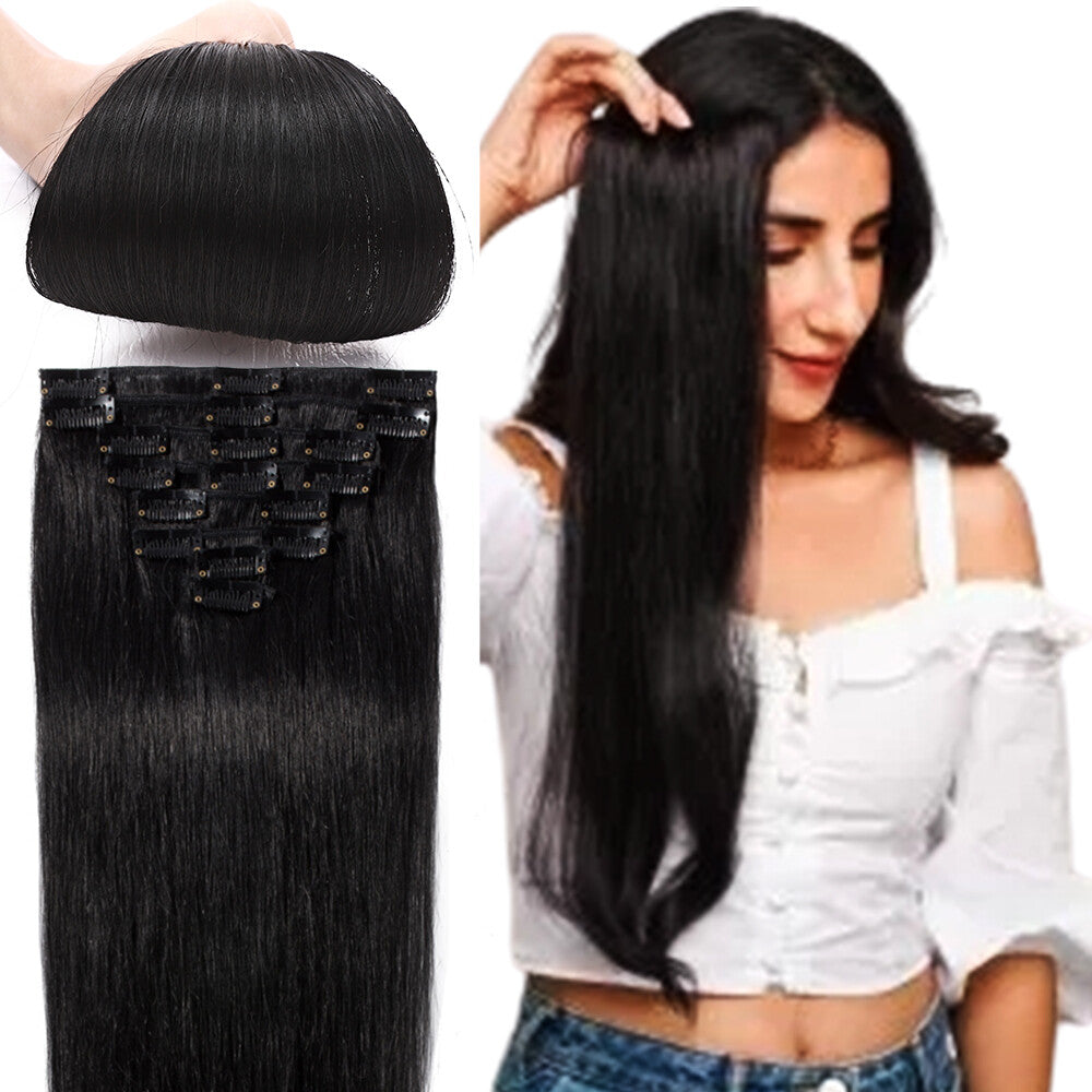 Clip-In Hair Extensions Full Head Set - Remy Human Hair, Multiple Colors & Lengths