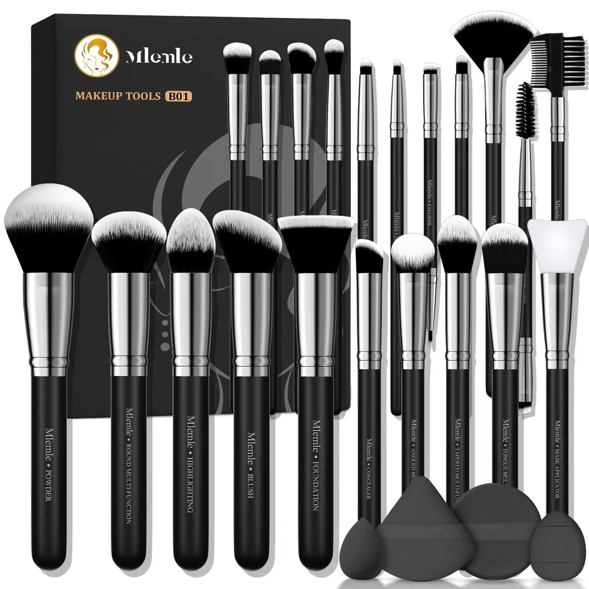 Professional Makeup Brush Set 25 Pcs with Sponge & Puff - Black