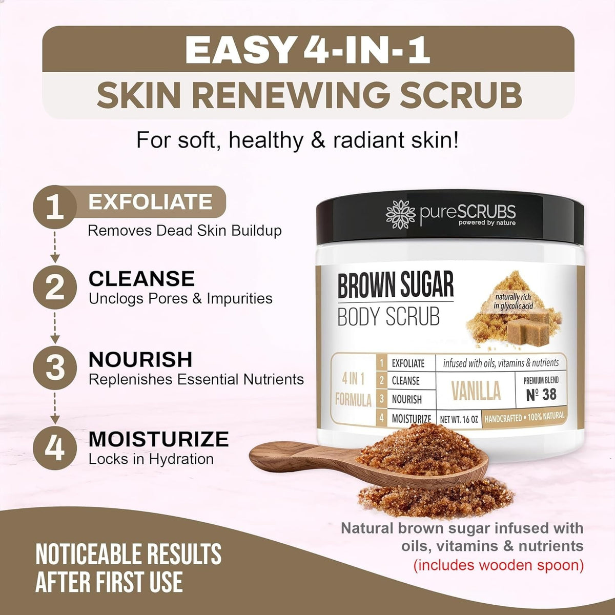 Vanilla Brown Sugar Body Scrub 16oz Jar for Face & Full Body Exfoliation