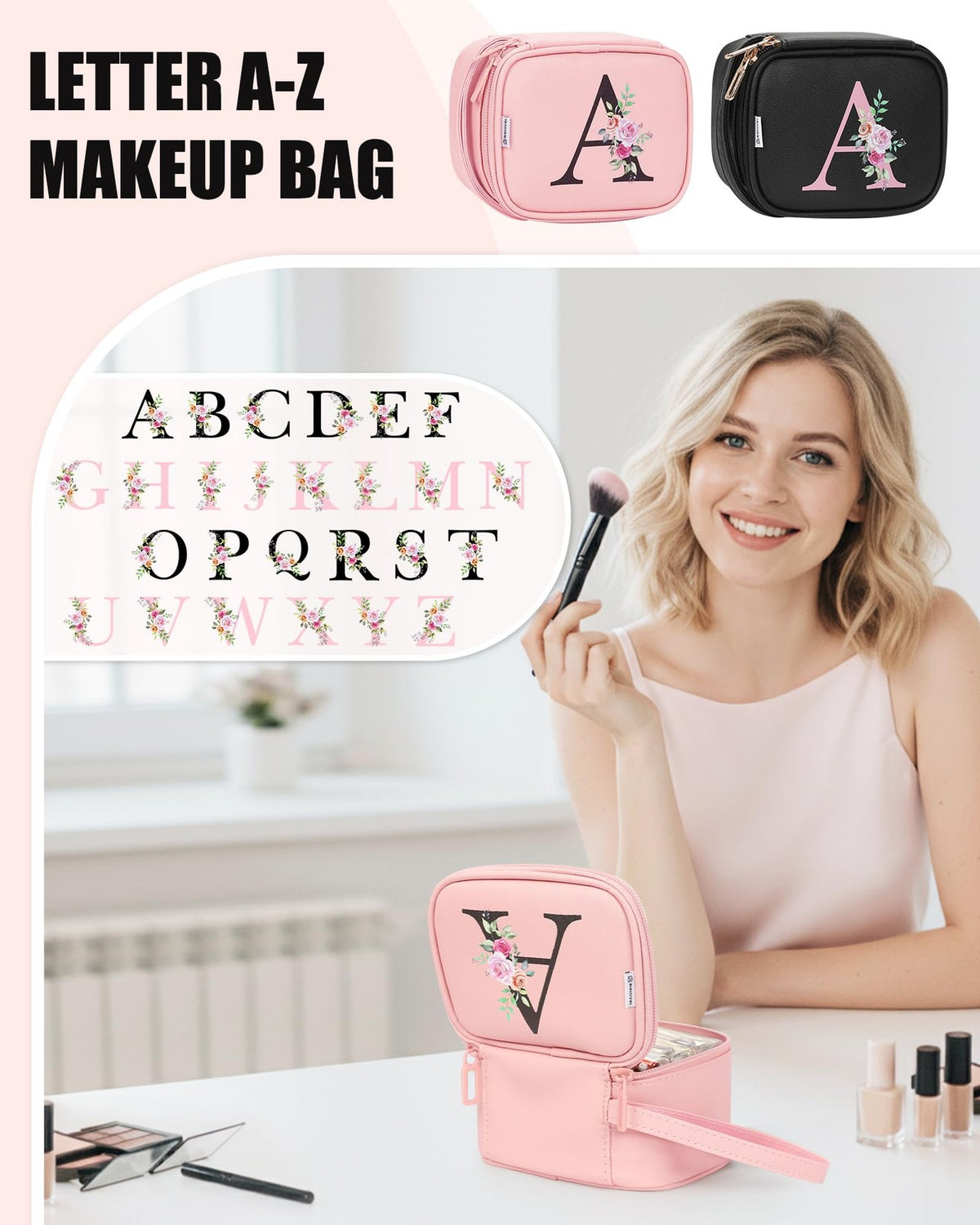 Personalized Mini Makeup Bag with LED Mirror - Initial Cosmetic Travel Pouch