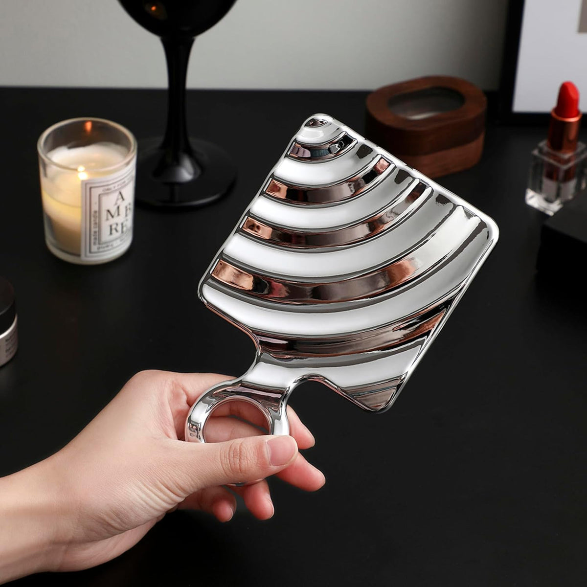 Handheld Mirror with Handle - Silver Electroplated Vanity Grooming Tool 6.5x4 Inches
