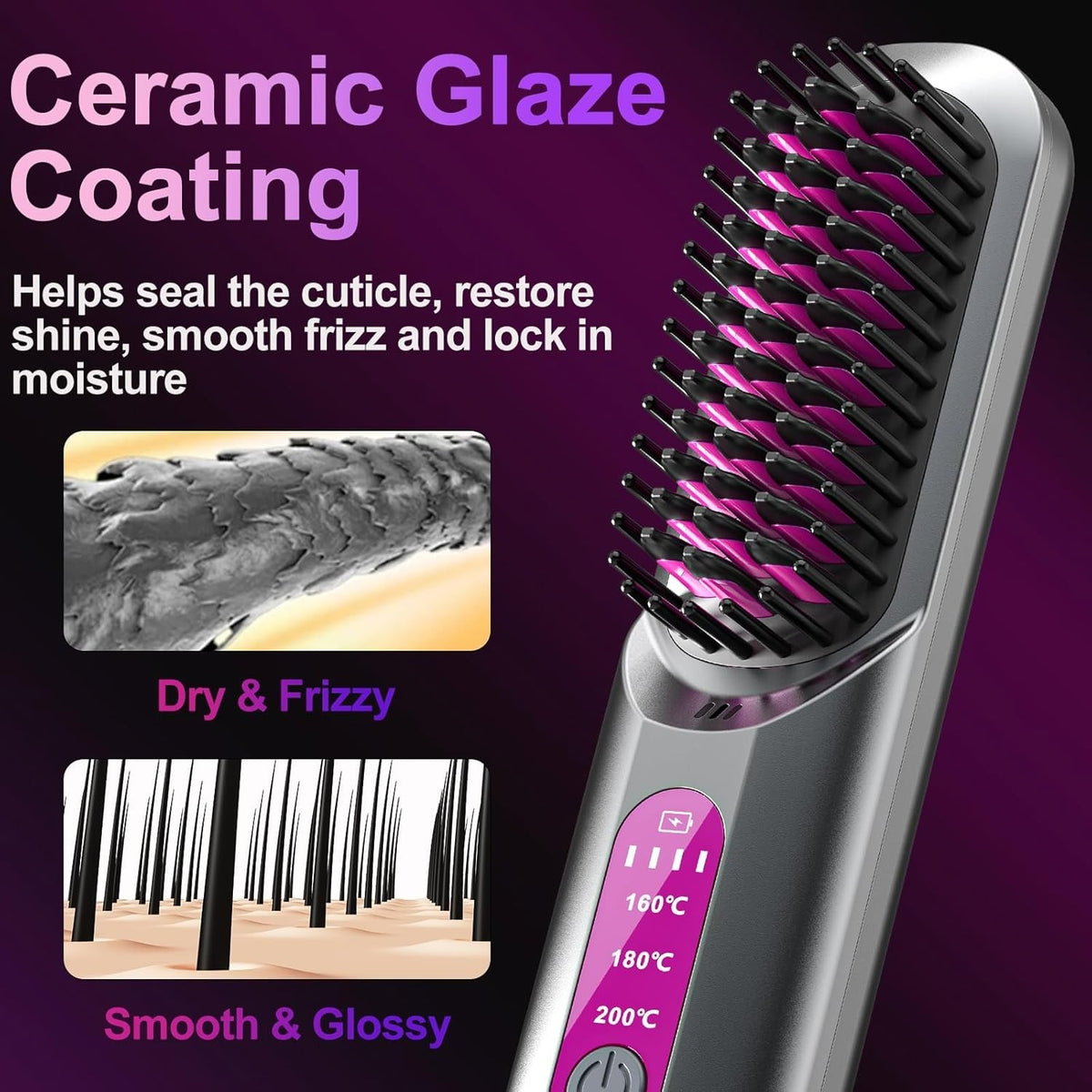 Cordless Ionic Ceramic Hair Straightener Brush for Thick & Curly Hair