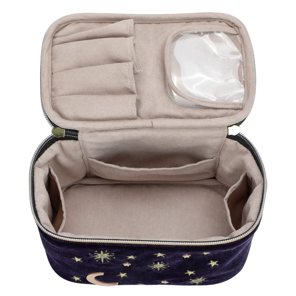 Starry Navy Velvet Cosmetic Bag with Moon and Stars Embroidery, Portable Makeup and Travel Organizer