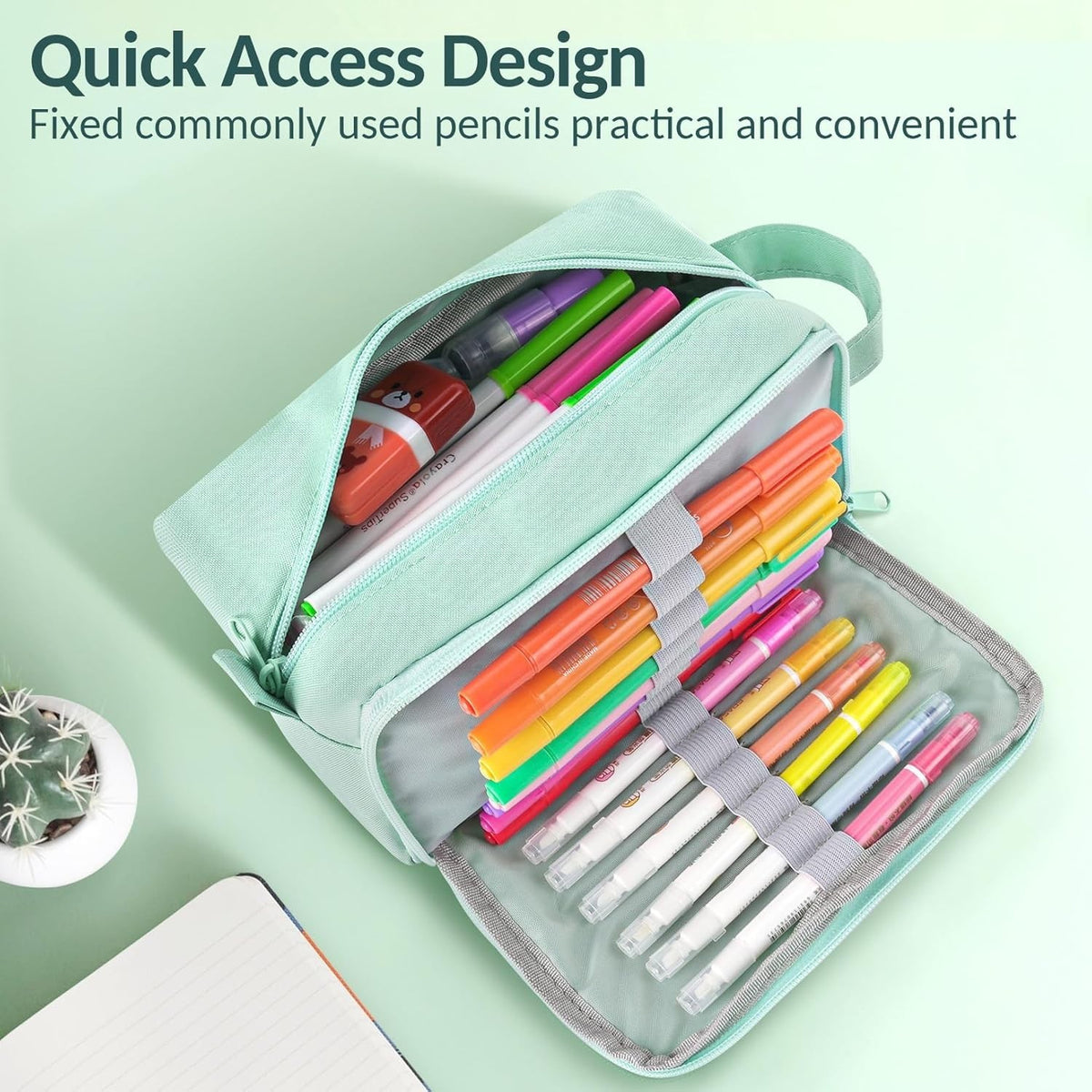 Large Mint Green Pencil Case with Handle, Multiple Compartments & Zipper
