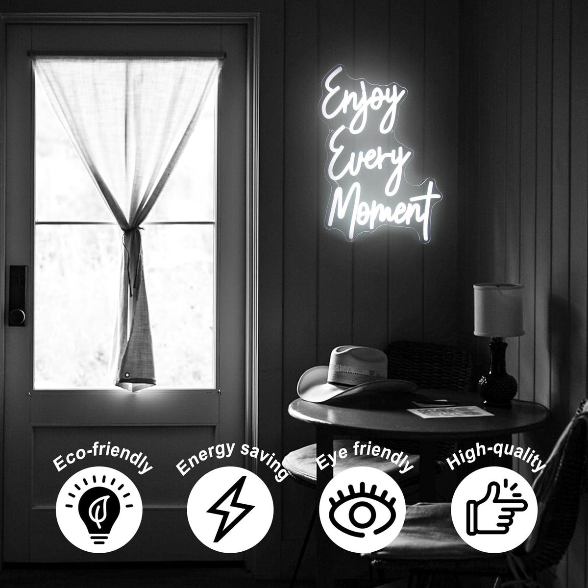 White LED Neon Wall Sign - Enjoy Every Moment Quote for Bedroom Bar Restaurant