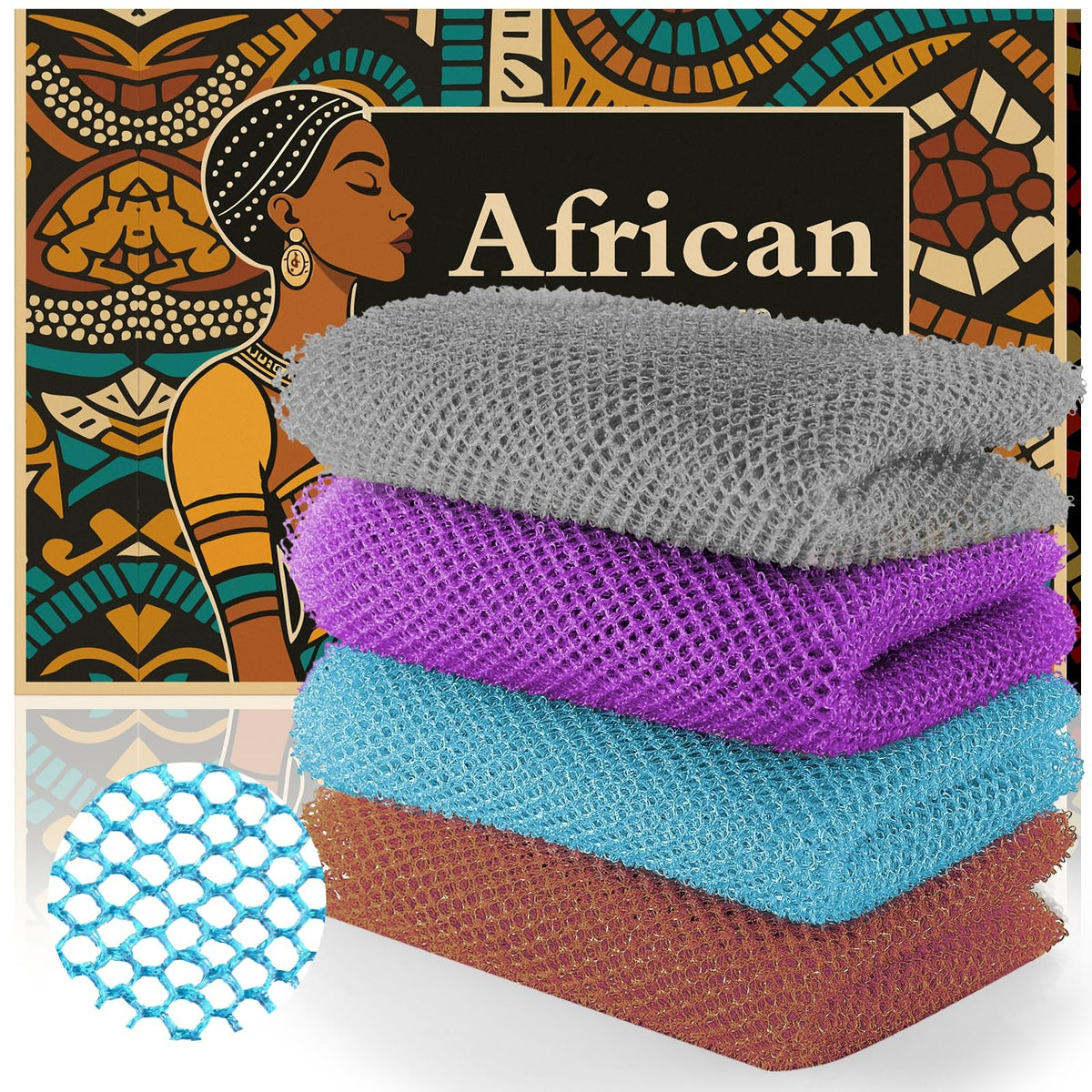 Exfoliating Bath Sponges Set of 4 Nylon Mesh Scrubbers - Brown, Blue, Purple, Gray