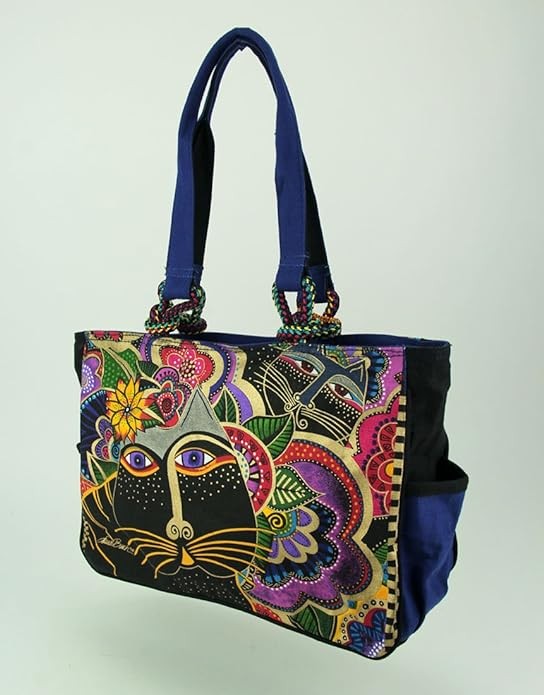Medium Cat Tote Bag with Floral Accents and Top Handles - Multicolor