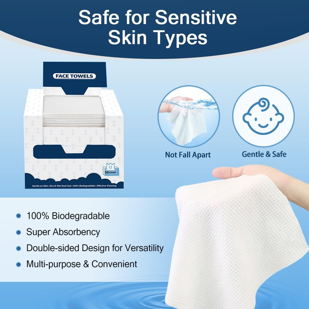 Disposable Face Towels Pack of 200 - Soft Makeup Remover Wipes for Sensitive Skin