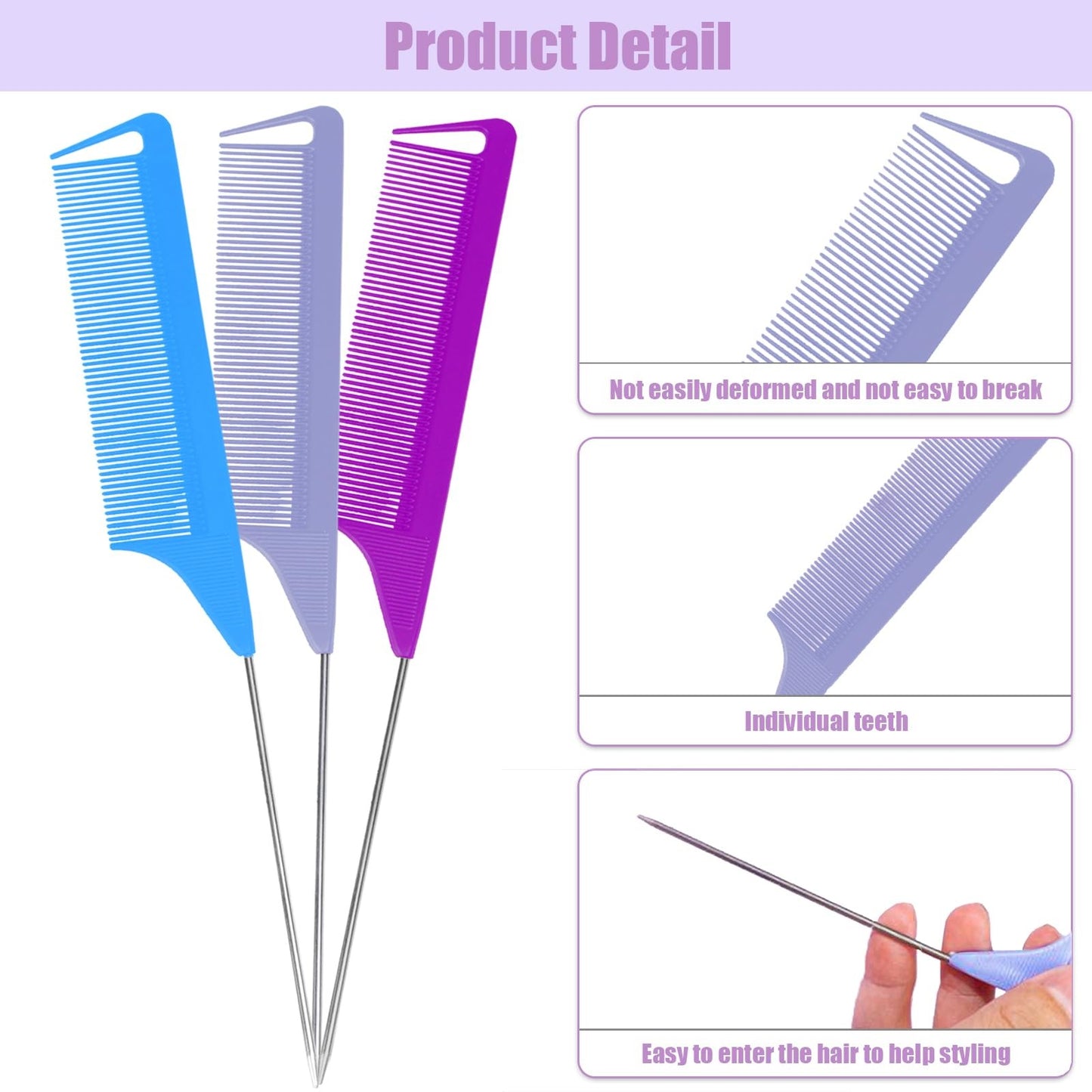 Rainbow Hair Teasing Comb Set - 10 PCS Fine Tooth Styling Tools