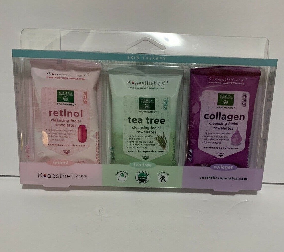 Earth Therapeutics 3-Pack Makeup Remover & Facial Cleansing Wipes with Retinol Tea Tree Collagen