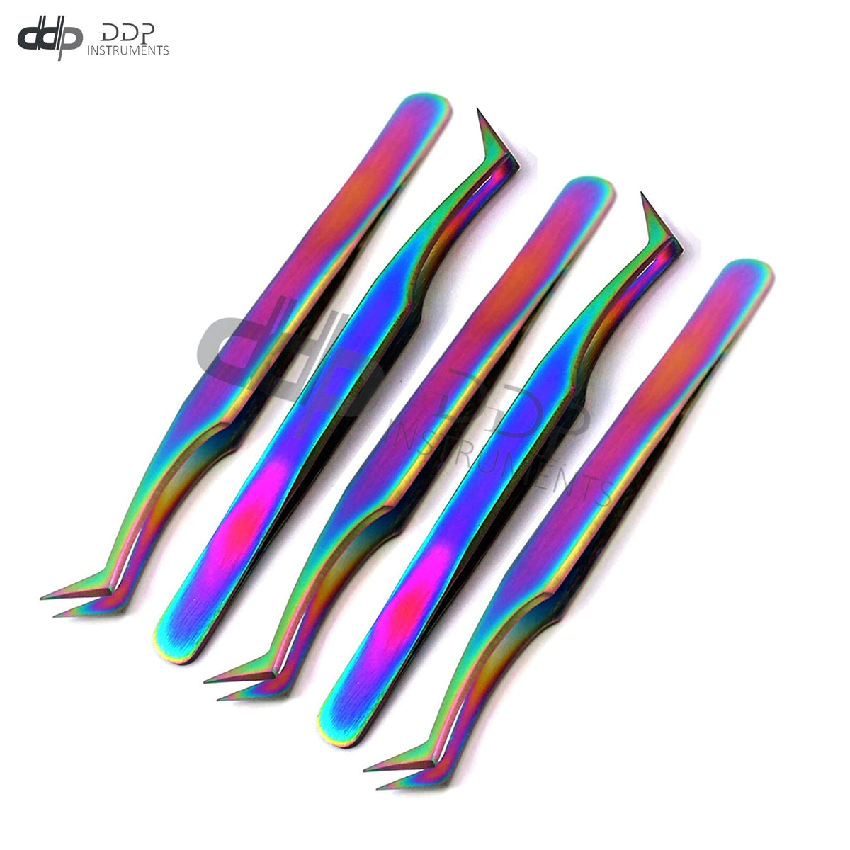 Rainbow Color 3D Eyelash Extension Tweezers - Semi Angled, 5 Pack