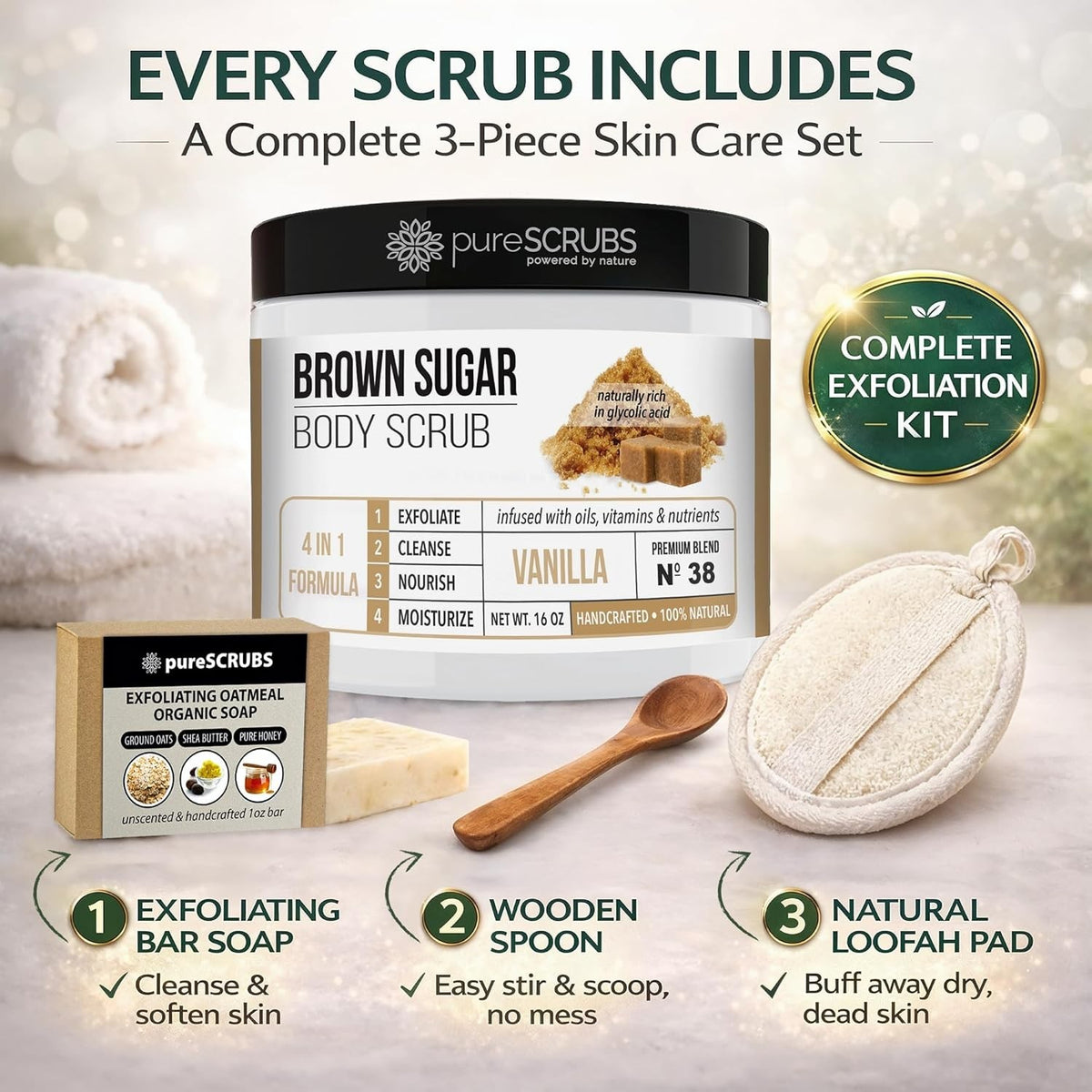 Vanilla Brown Sugar Body Scrub 16oz Jar for Face & Full Body Exfoliation