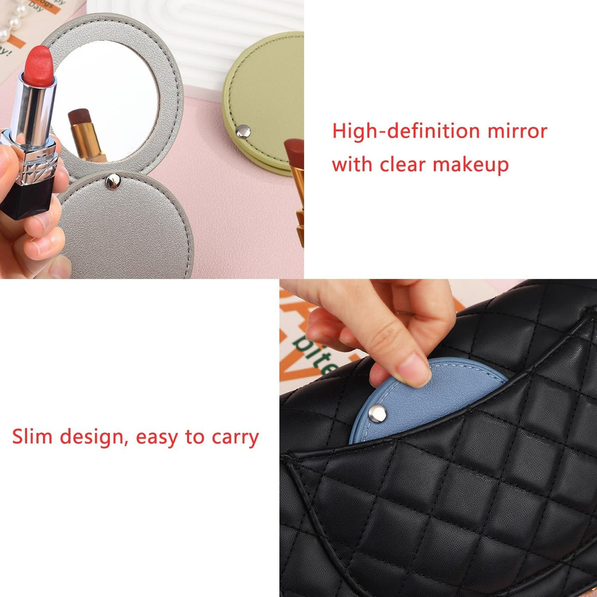 Mini Makeup Compact Mirrors Set with Leather Covers - Portable 2 Pack