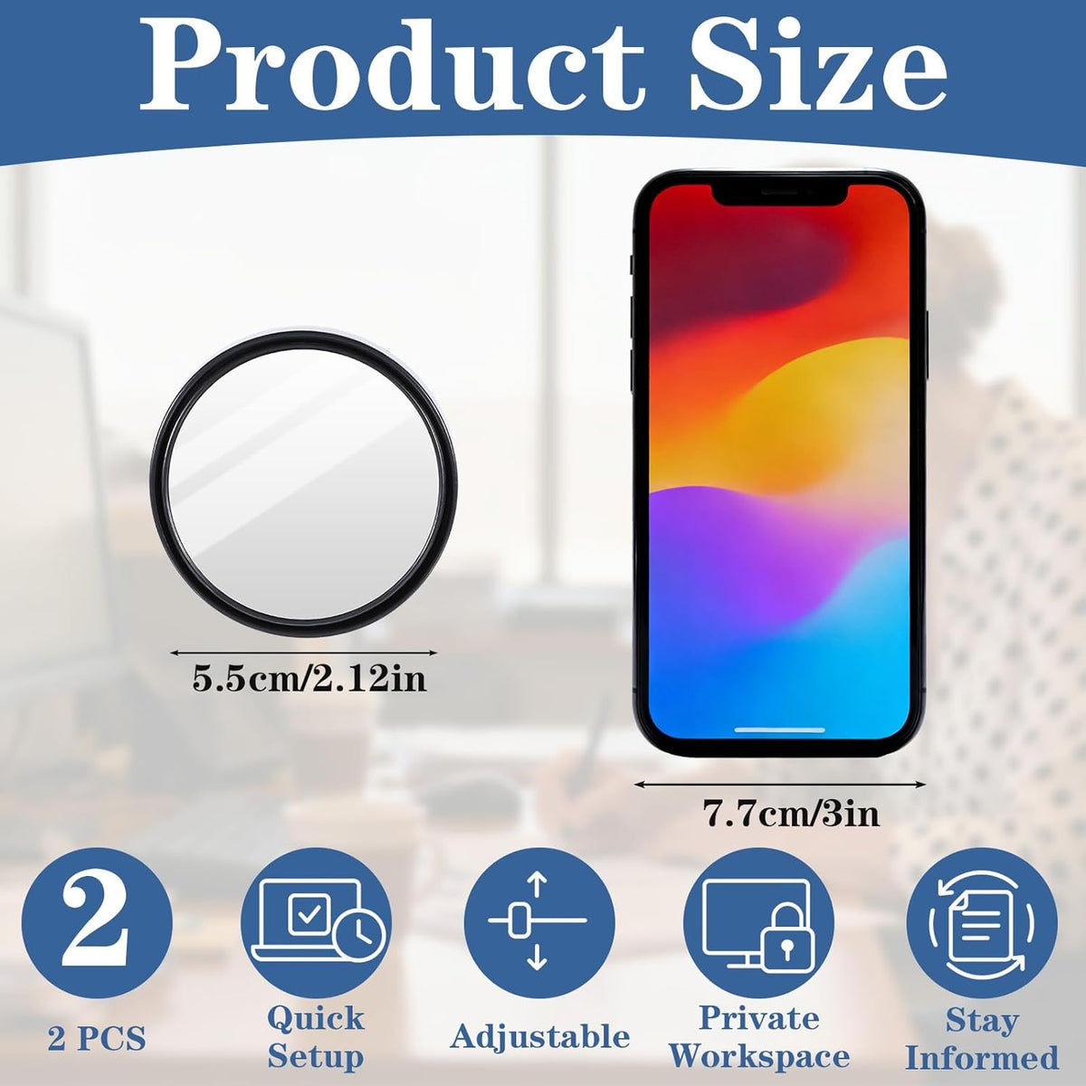 Adjustable Convex Office Desk Cubicle Mirrors - Set of 2, Stick-On Rear View
