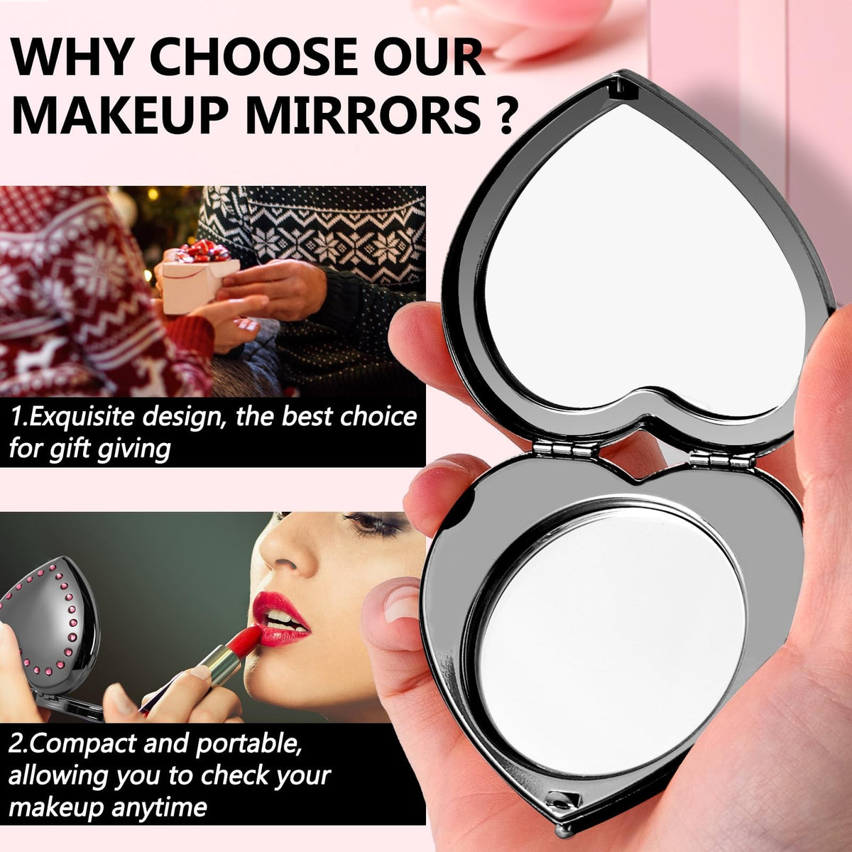 Heart-Shaped Mini Portable Folding Mirror with 1X/2X Magnification