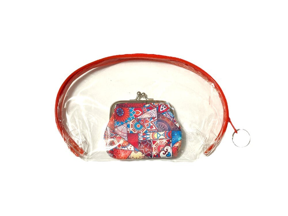 Large Zipper Cosmetic Bag & Coin Purse Set - Clear & Red Trim