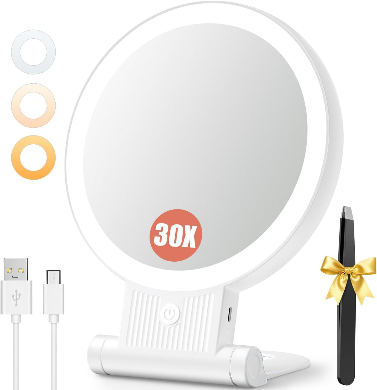 Double Sided Lighted Makeup Mirror with 30X Magnification and Dimmable Brightness