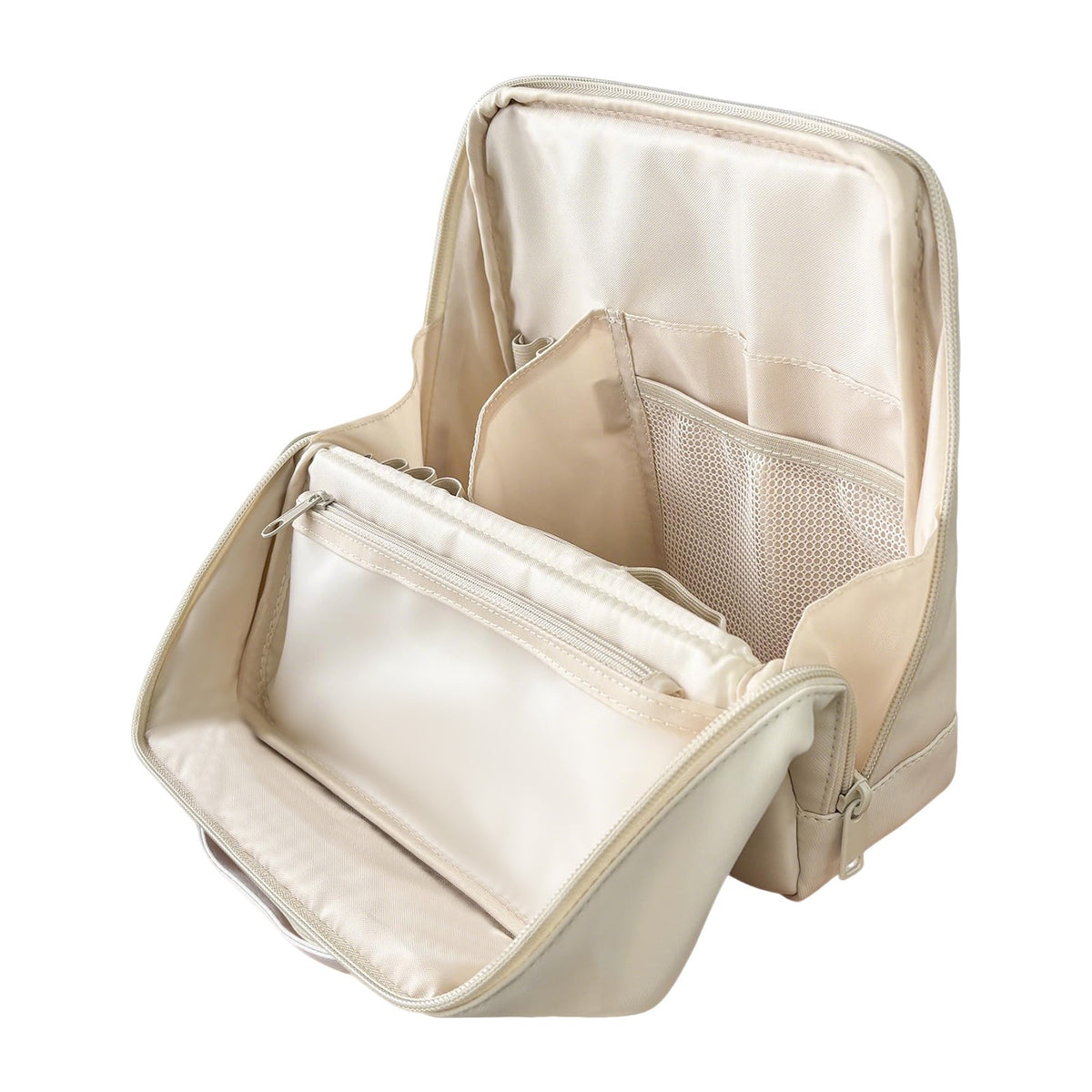 Large Stand-Up Makeup Bag with Multi-Layered Interior Pockets - Beige