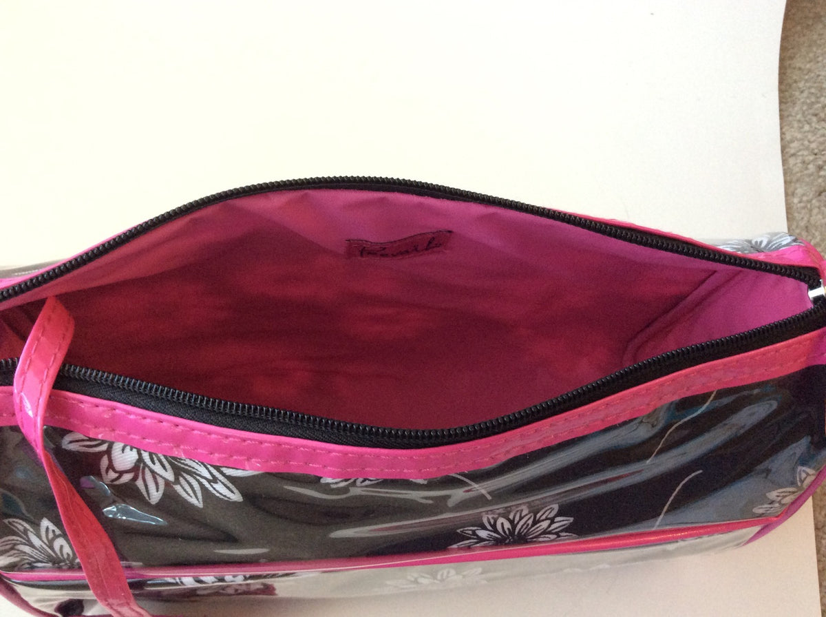 Makeup Bag with Mirror by Prevail White Flowers on Black Pink Trim