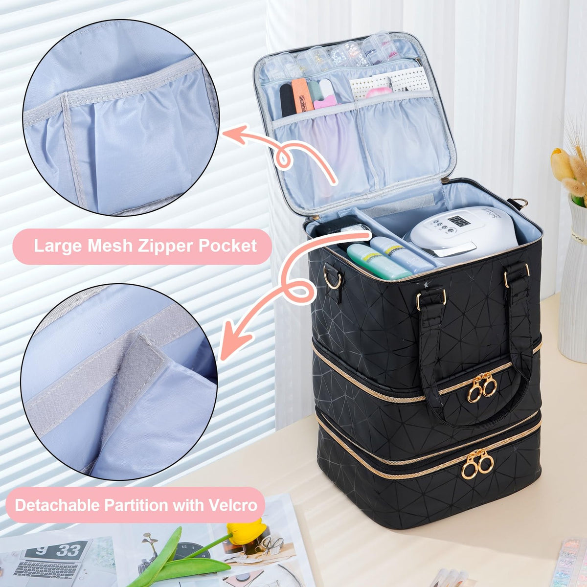 Large Nail Polish Organizer with 3 Layers, Travel Storage Bag for Manicure Supplies