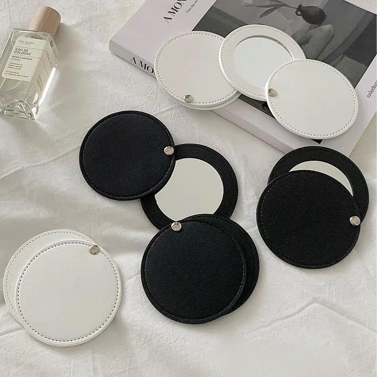 Mini Makeup Compact Mirrors Set with Leather Covers - Portable 2 Pack