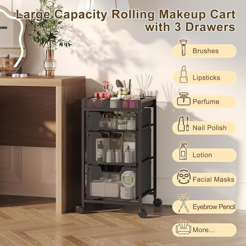 3-Drawer Rolling Makeup Organizer Cart with Dividers - Black