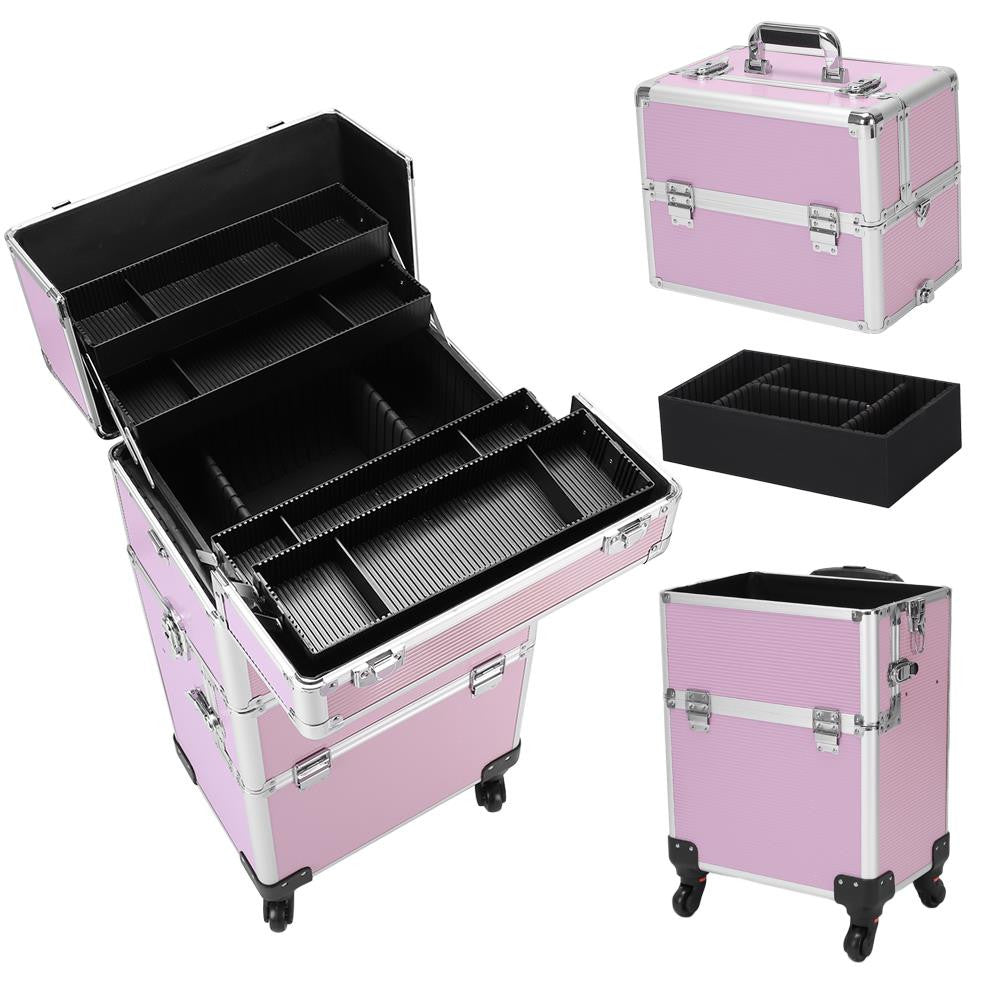 3-in-1 Aluminum Makeup Train Case with Lockable Trolley for Travel & Salon