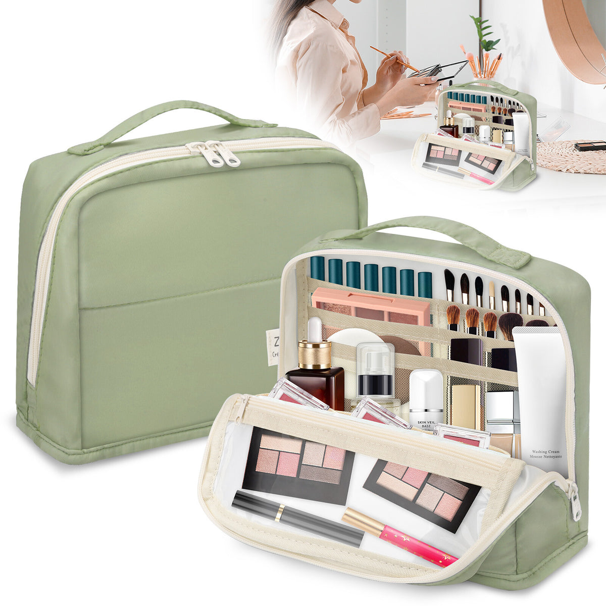 Large Capacity Multi-Compartment Storage Bag for Stationery Makeup Travel