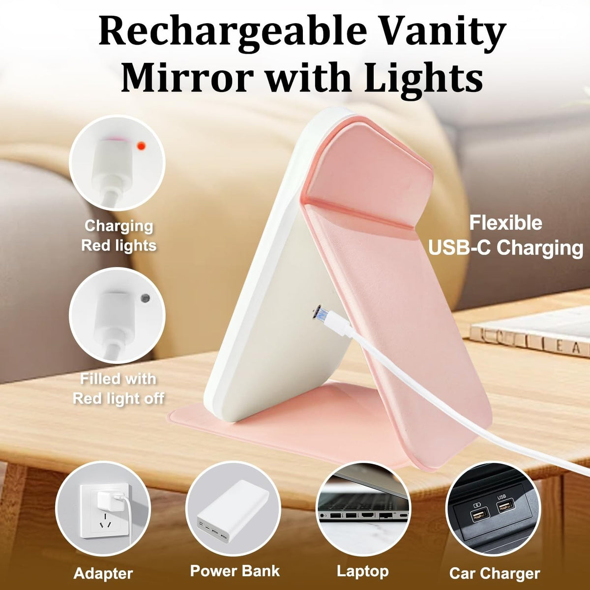 Rechargeable LED Travel Mirror with Lights, Dimmable Touch Screen - Pink