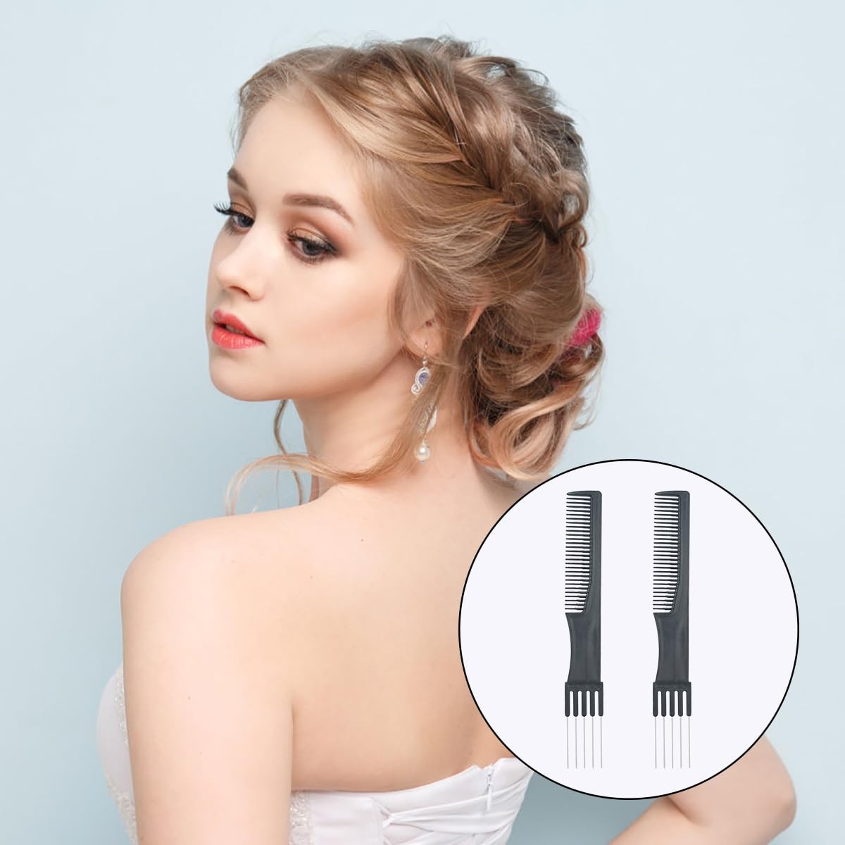 Black Metal Teasing Combs Set with Stainless Steel Back - Hair Styling Tools