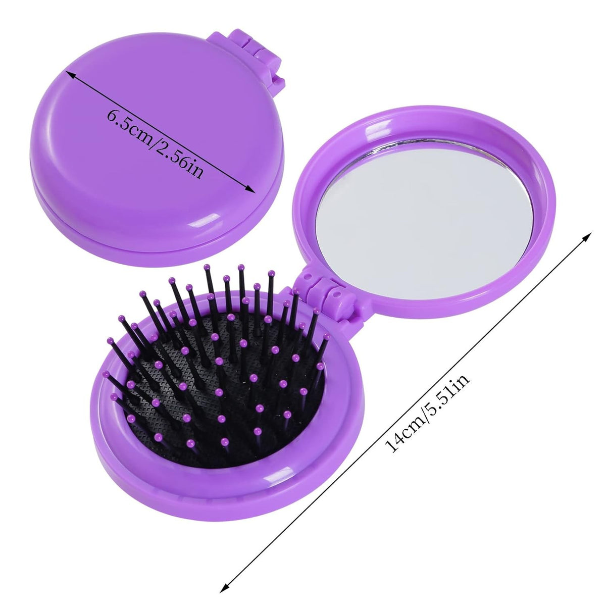 2pcs Folding Travel Hair Brushes Round Mirror Compact Rose Red & Purple