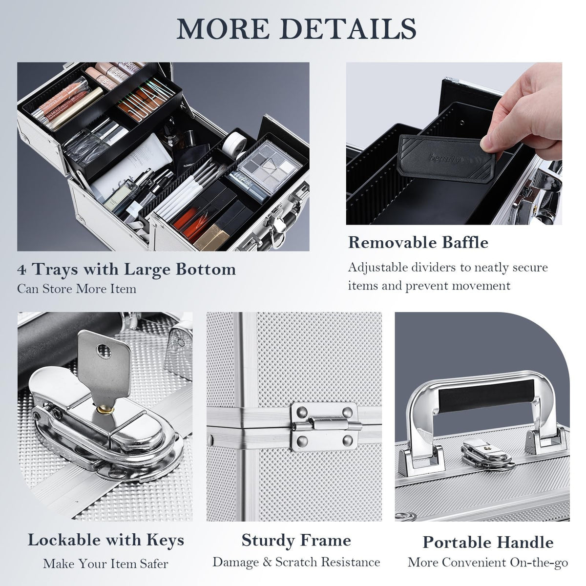 Portable Makeup Organizer Case with Lock, 4-Tier Trays, Silver Travel Storage