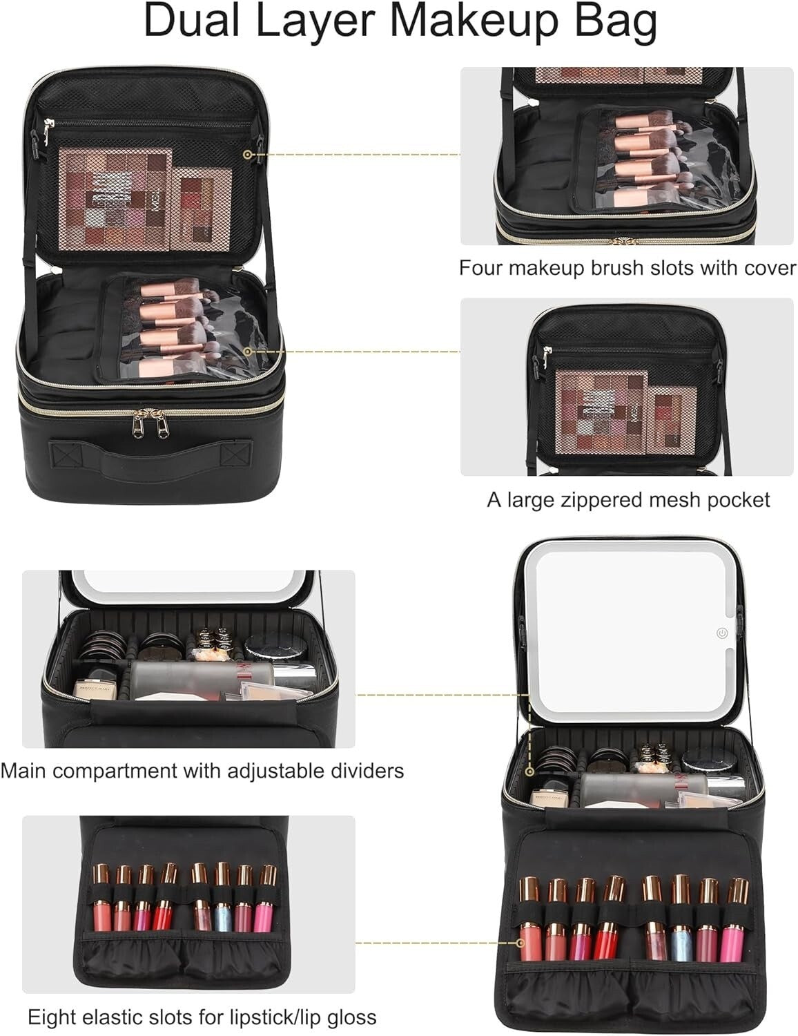 Travel Makeup Case with LED Mirror, Adjustable Compartments, Portable Organizer