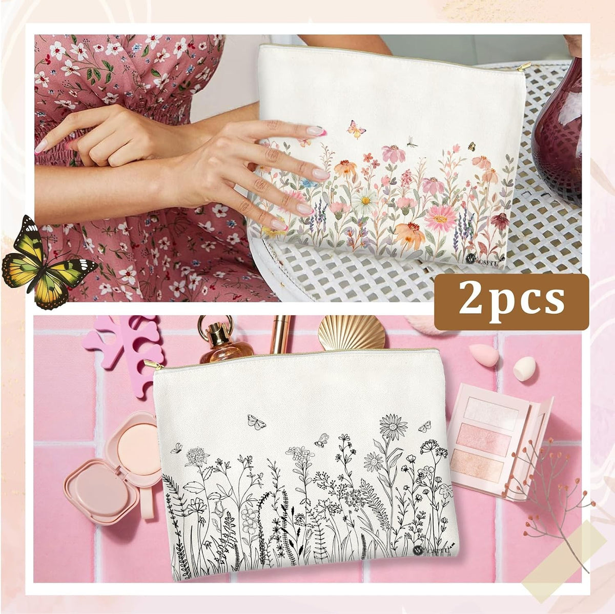 Canvas Cosmetic Bags Set - Cotton Makeup Bags for Travel & Daily Use
