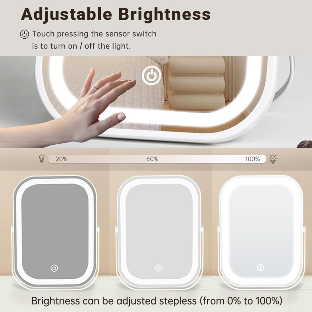 Travel Makeup Mirror with Lights - Portable LED Vanity Mirror, Rechargeable & 360° Rotation