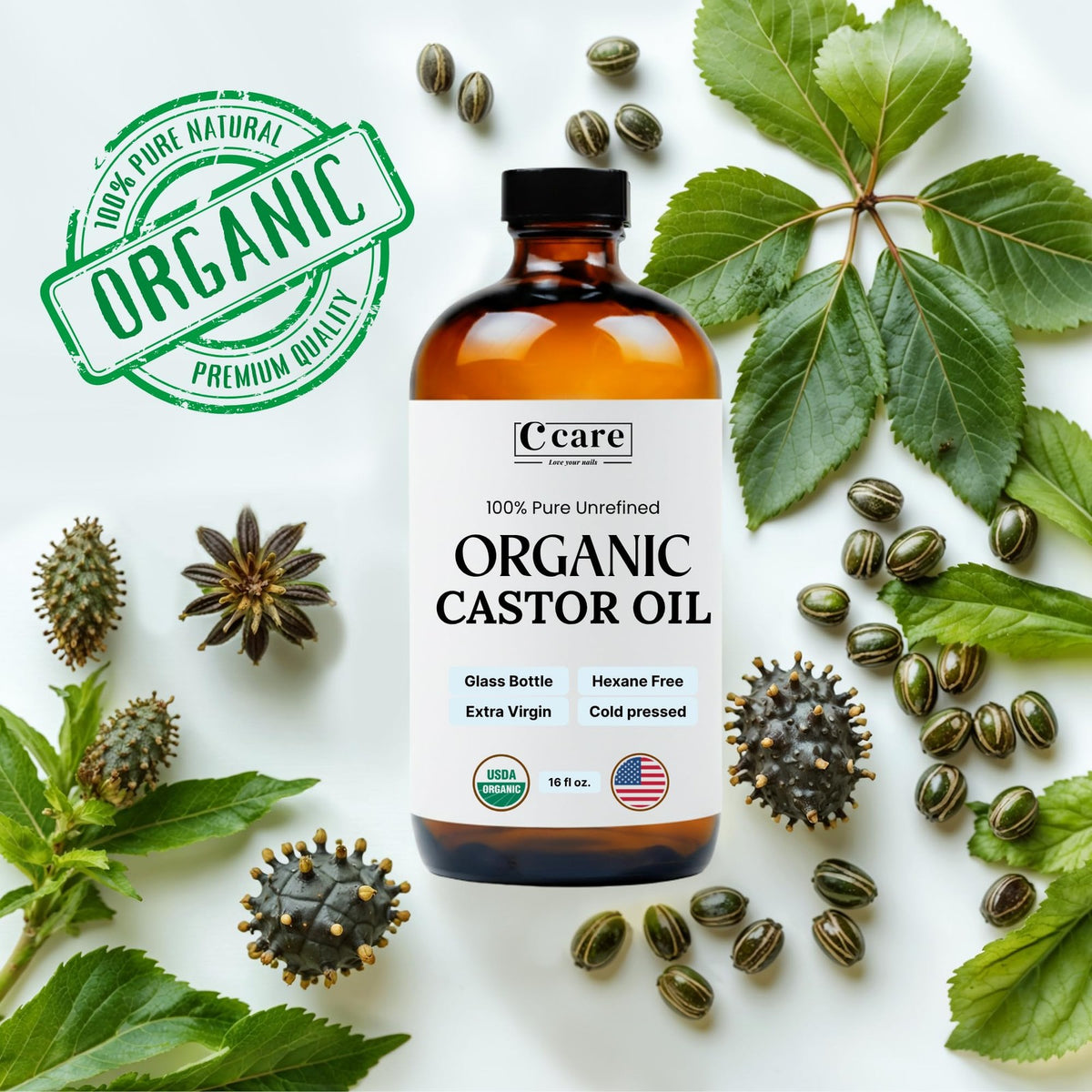 Organic Cold Pressed Castor Oil 16oz - Pure Moisturizing Hair and Skin Oil
