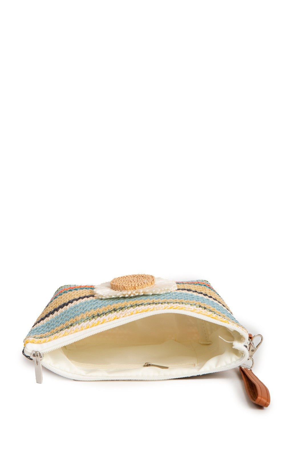 Large Travel Pouch with Multi-Colored Stripes and Daisy Pattern, Zipper Closure