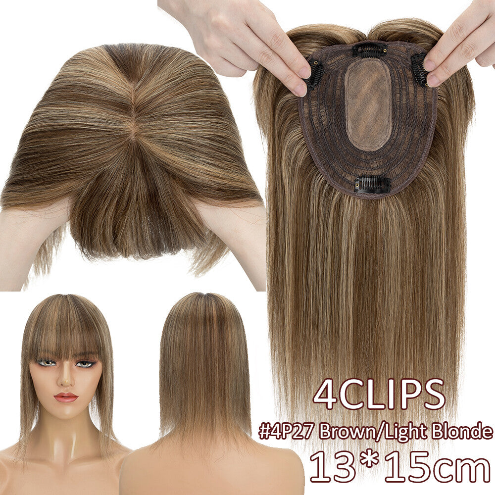 Remy Human Hair Topper with Bangs - Clip-In Hairpiece for Thinning Hair