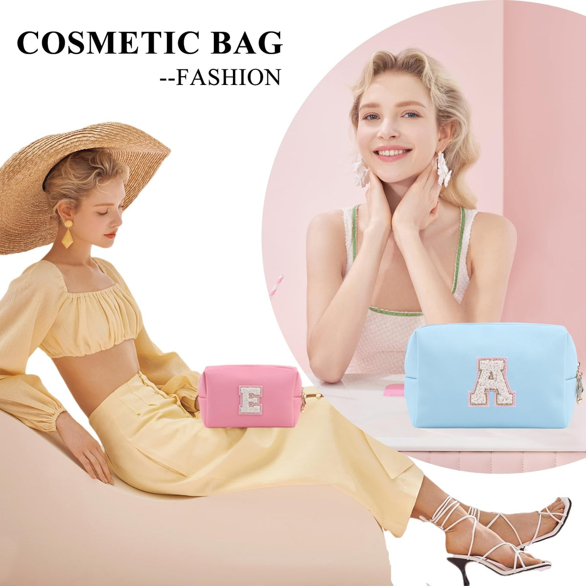 Personalized Preppy Patch Makeup Bag - Waterproof PU, Azure-Pink