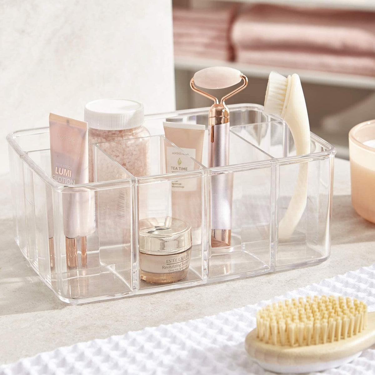 5-Compartment Clear Acrylic Makeup Organizer for Vanity and Bathroom