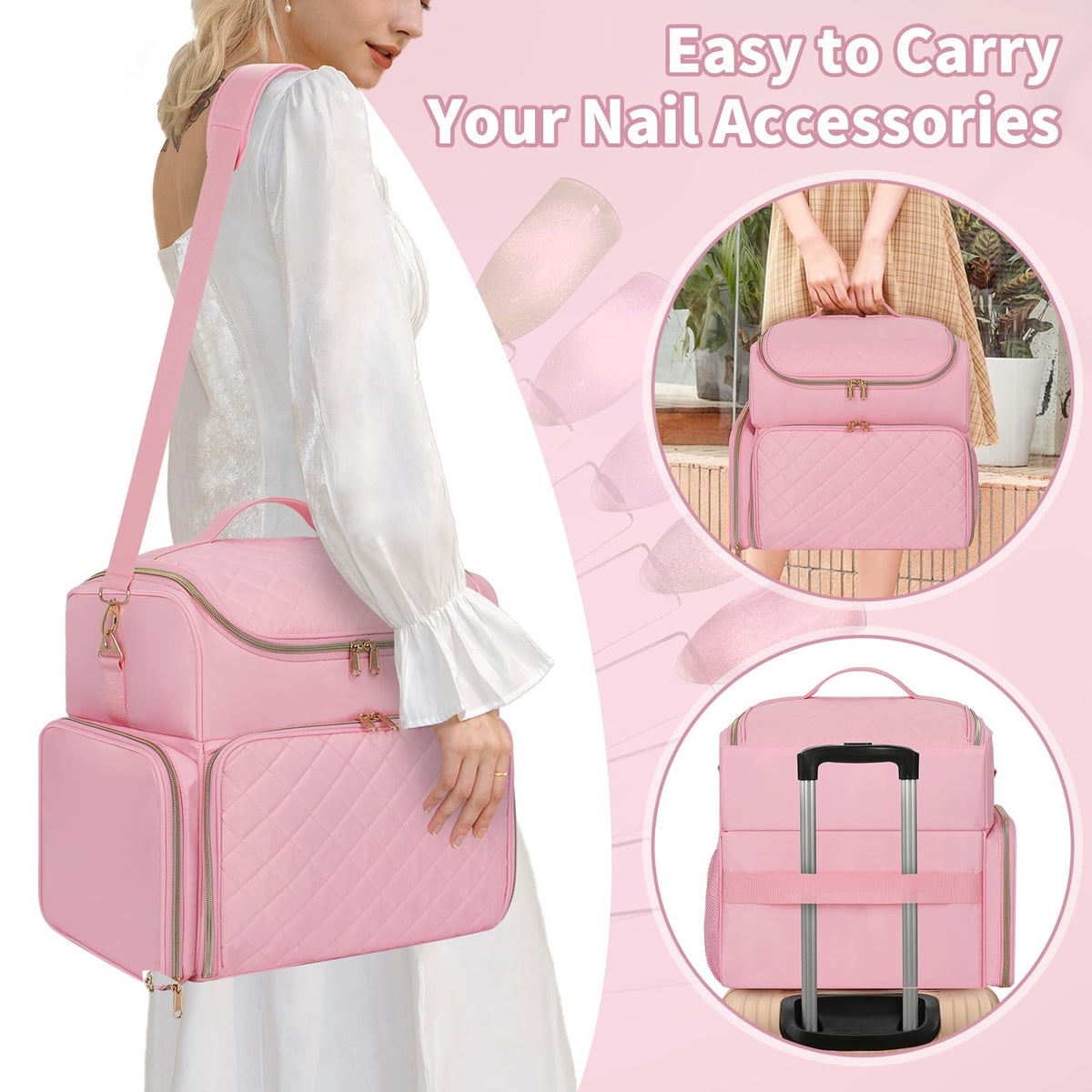 Light Pink Nail Polish Organizer Case with 86 Slots, Double Layer & Removable Pouches