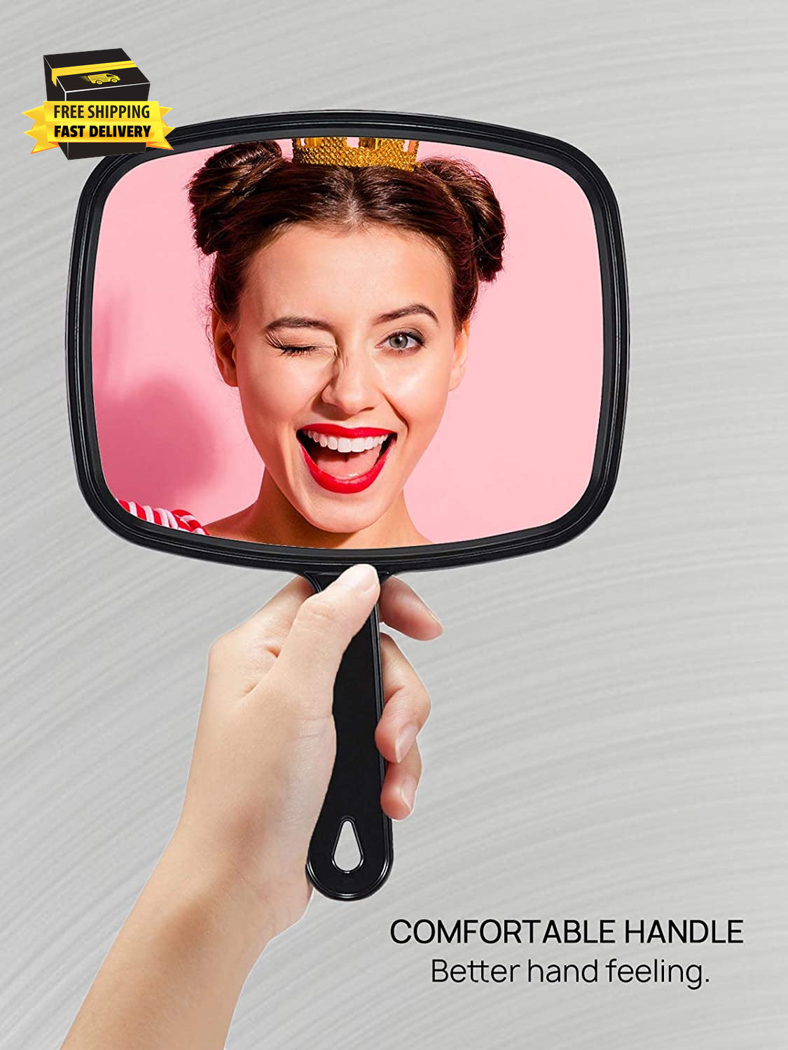 Black Handheld Mirror 9.3 x 6.6 Inches with Handle for Makeup & Grooming