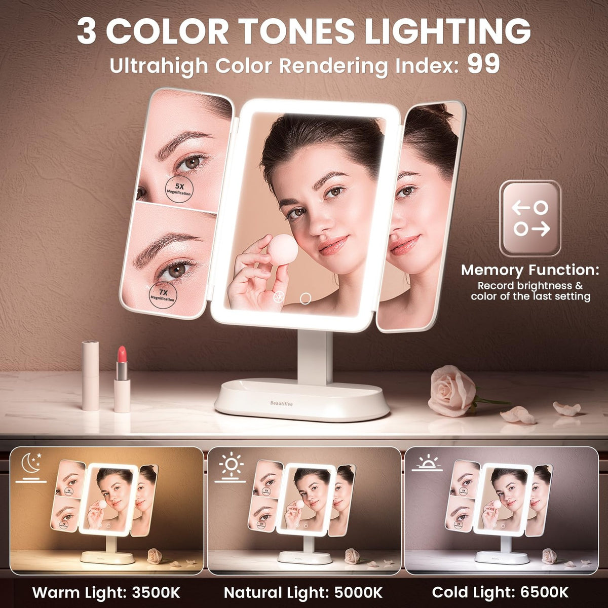 Rechargeable Lighted Makeup Mirror with 7X/5X/1X Magnification and Portable Trifold Design