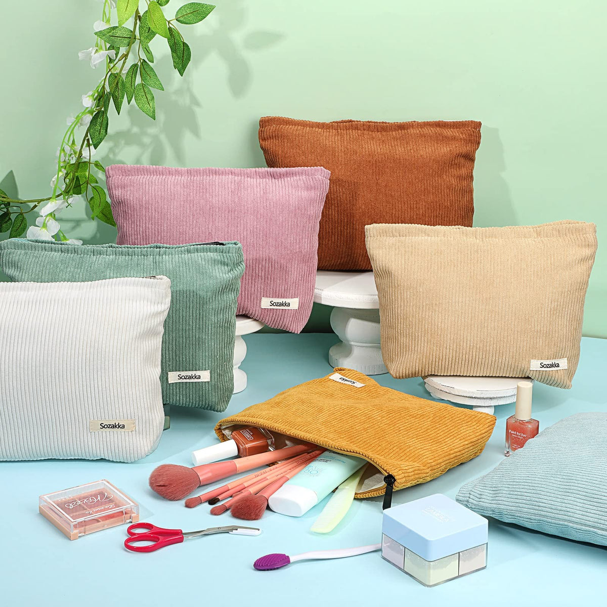 Large Corduroy Makeup Bag Set - 12 Color Travel Cosmetic Pouches 10x7 Inches