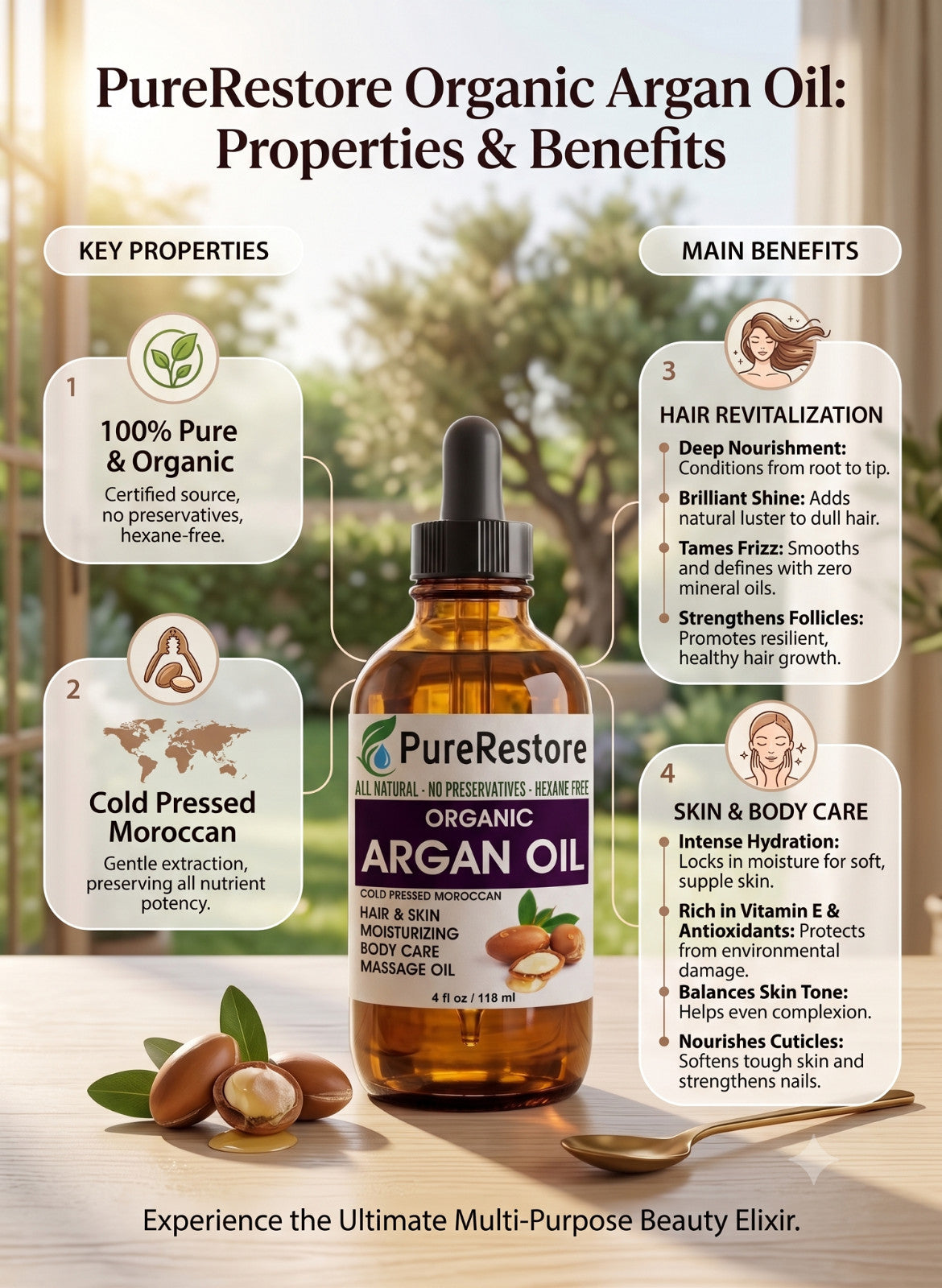 PureRestore Organic Argan Oil - Multi-Purpose Skin, Hair & Body Oil