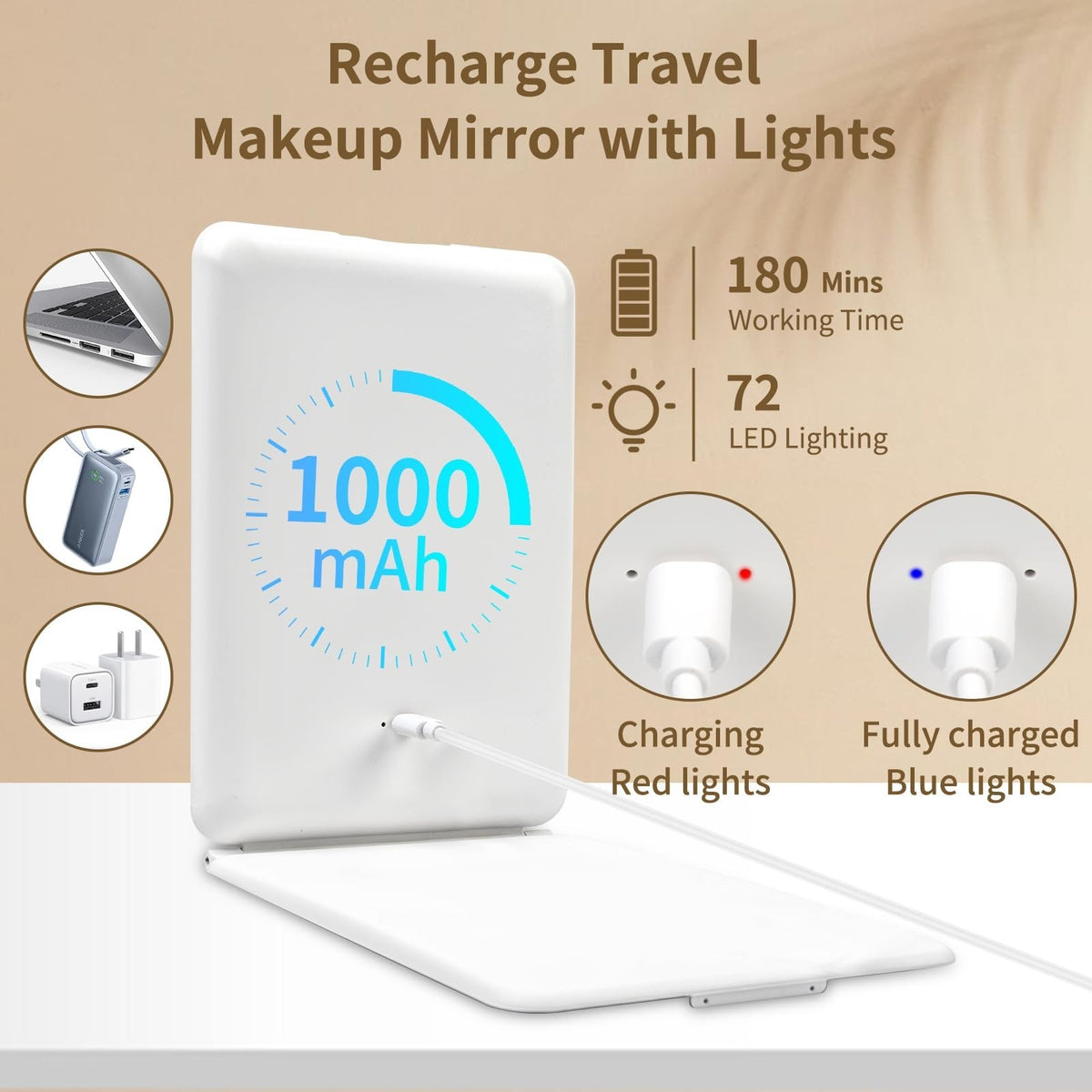 Dimmable LED Lighted Makeup Mirror with Touch Control and 10x Magnifier