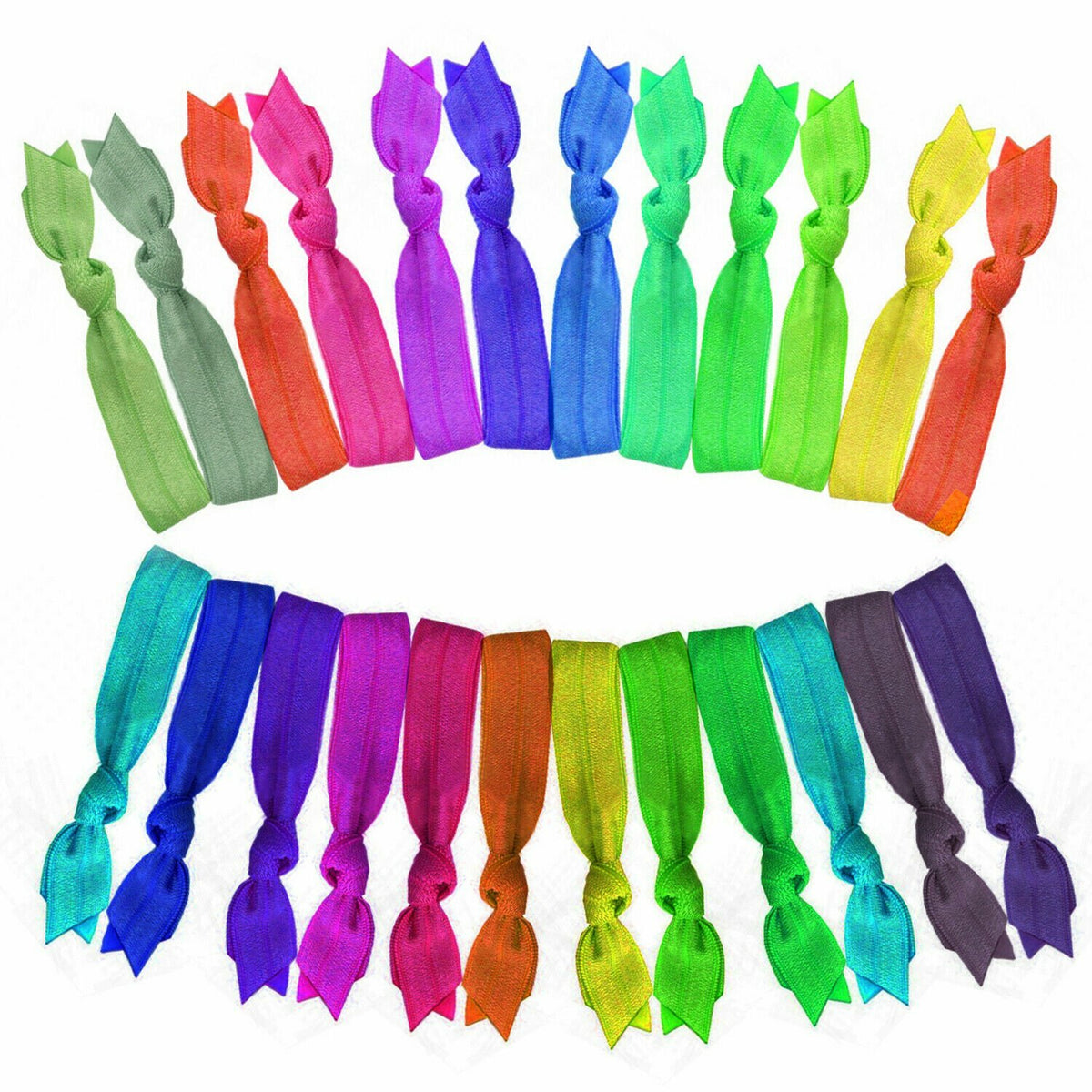 Rainbow No-Damage Ribbon Hair Bands (60 Ties)--Stretchy Elastic