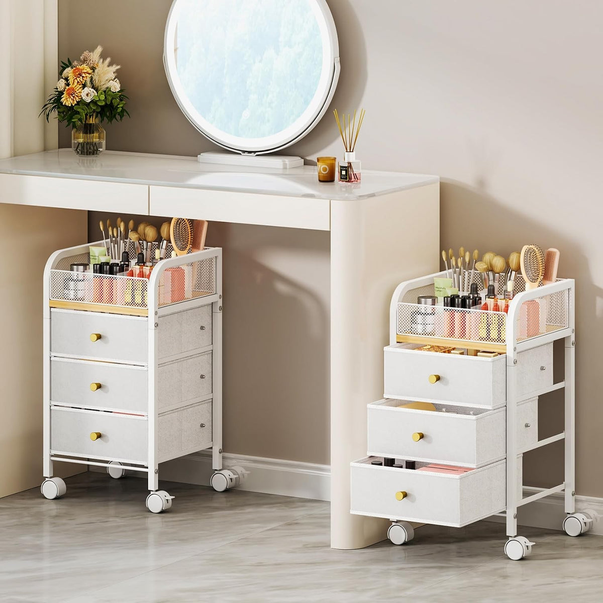 Rolling Makeup Organizer Cart with 3 Non-Woven Drawers Under Desk Storage